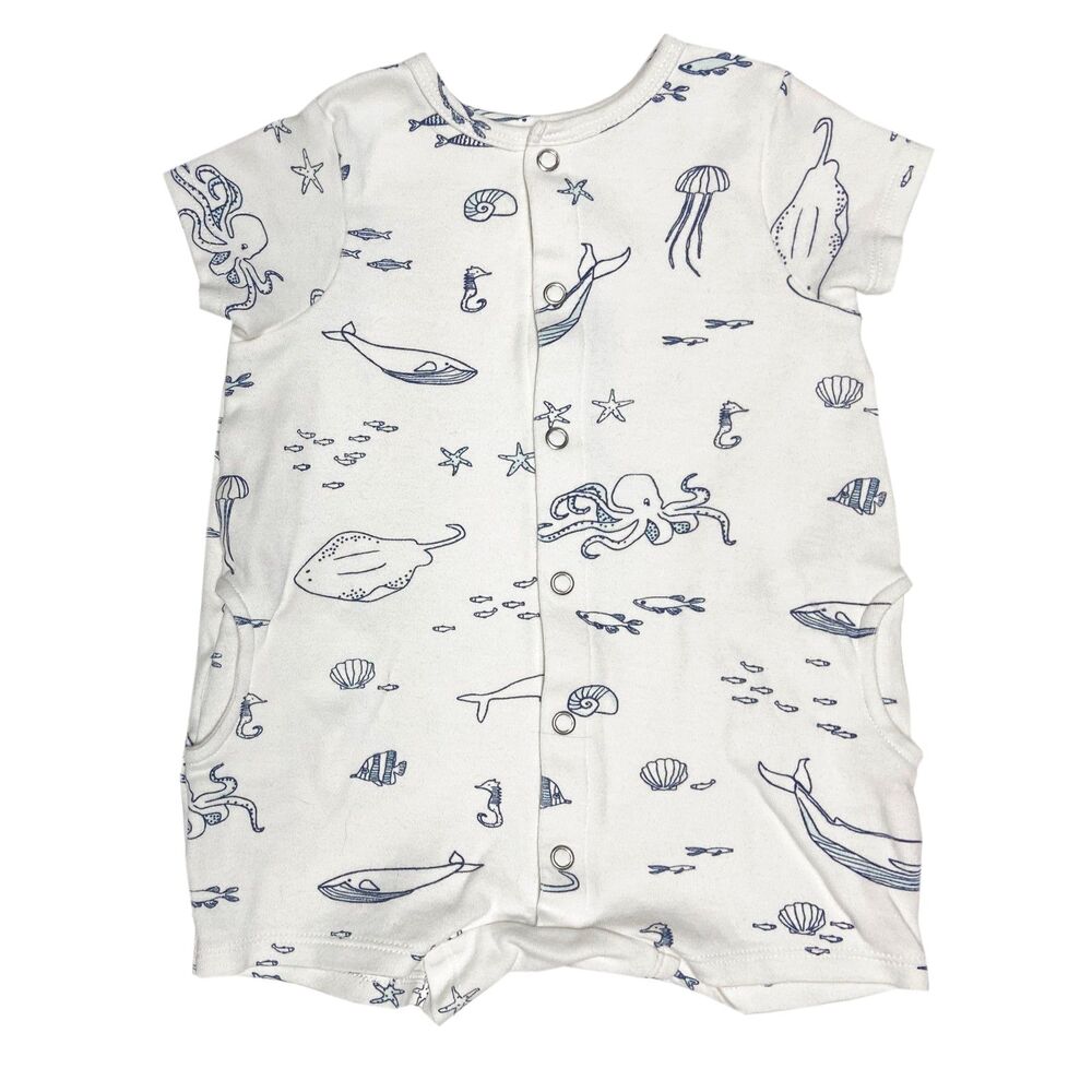 Pehr Short Sleeve Romper Size 6-12 Months Life Aquatic Print Organic Cotton